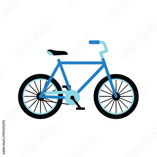 Minimalist blue bicycle with black tires and spokes on a white background