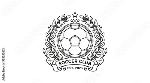 Soccer Club Est 2023 Star Emblem with Football Laurel Wreath Line Art on isolated white background