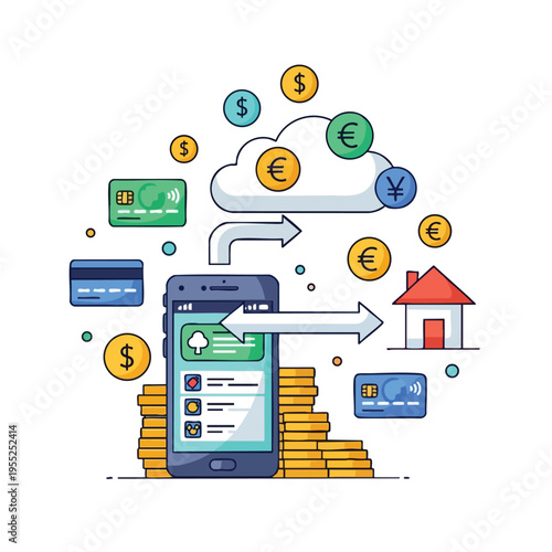 Mobile payments visualized icons of coins, cards, and a house flow via arrows