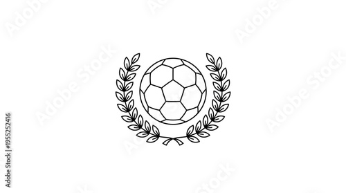 Simple Soccer Ball Laurel Wreath Thin Line Icon on isolated white background