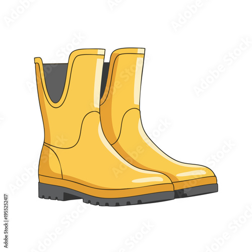 A pair of bright yellow rubber boots with gray soles stand ready