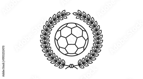 Minimalist Soccer Ball Laurel Wreath Line Art Logo on isolated white background