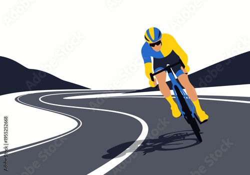 Road cyclist in blue and yellow jersey leaning on curve