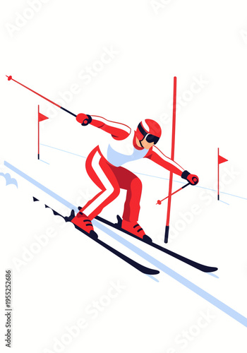 Alpine skier in red suit navigating slalom gates on snowy slope