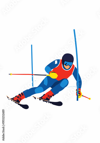 Dynamic professional skier performing sharp turn during slalom race