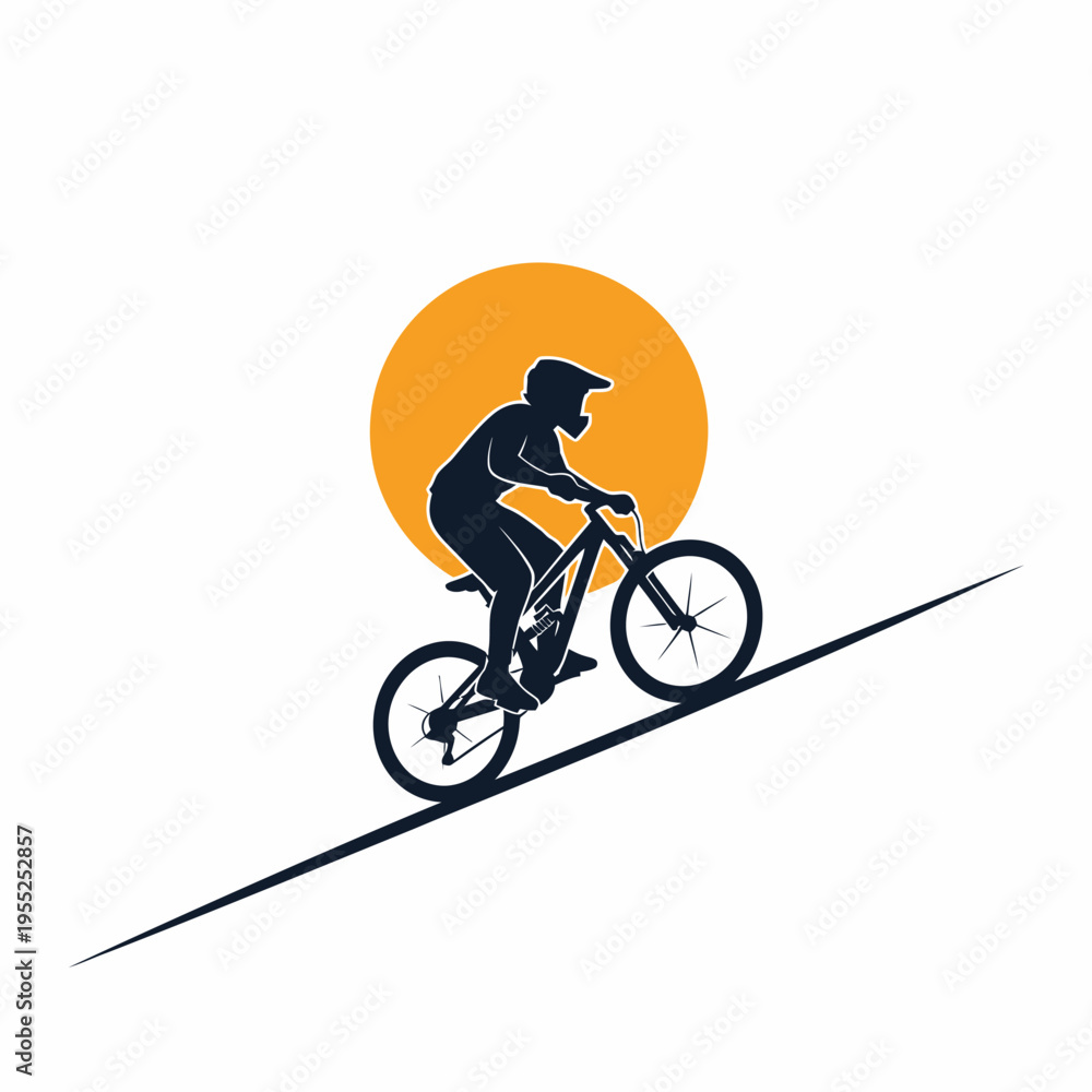 Naklejka premium Mountain bike rider silhouette jumping over sun background