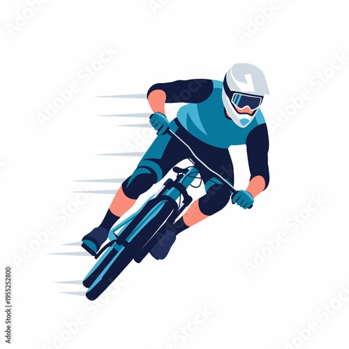 Dynamic mountain biker performing sharp turn on white background
