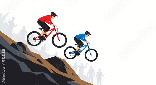 Mountain bike race competition with two riders jumping downhill