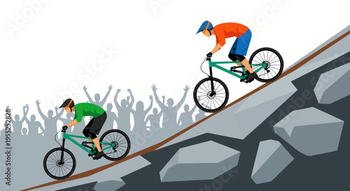 Cyclists racing on rocky mountain trail with cheering crowd