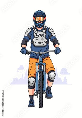 Front view portrait of mountain biker in full protective gear