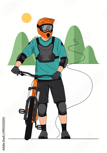Full gear mountain biker standing with bike in nature landscape