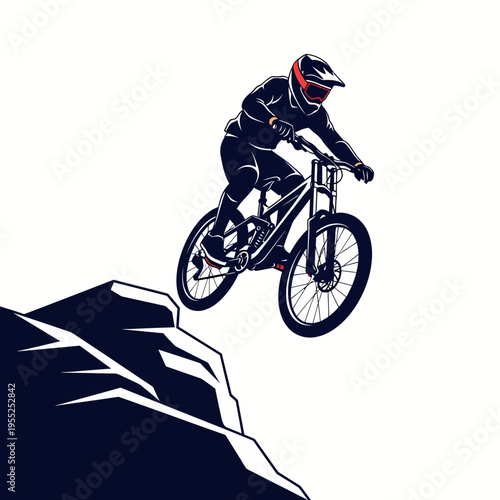 Aggressive mountain bike rider performing high jump on rocky terrain