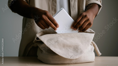Close Up Of African Man Putting White Notebook Into Beige Canvas Bag