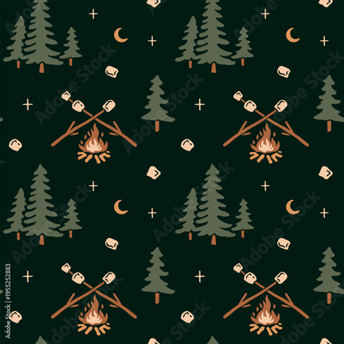 Seamless vector pattern of camping, outdoor, forest and landscape, featuring campfire with marshmallow, pine trees, moon and stars. Flat, earthy colors. Ideal for fabric and prints