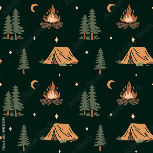 Seamless vector pattern of camping, outdoor, forest and landscape, featuring tents, campfires, pine trees, moon and stars. Flat, muted colors. Ideal for fabric, prints, apparel, packaging