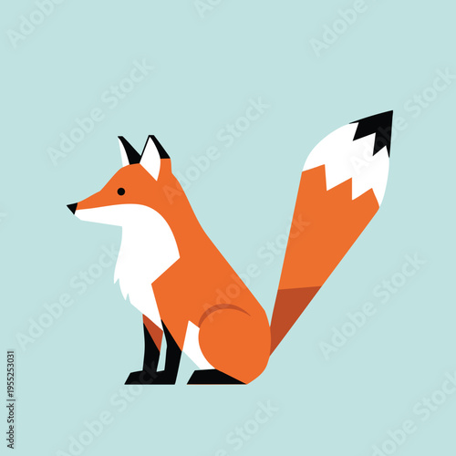 Minimalist fox with orange, white, black fur sits on a light blue background
