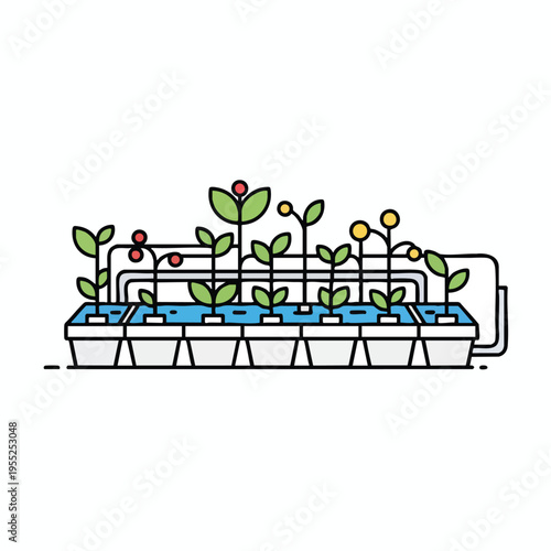Row of small plants growing in a water channel system