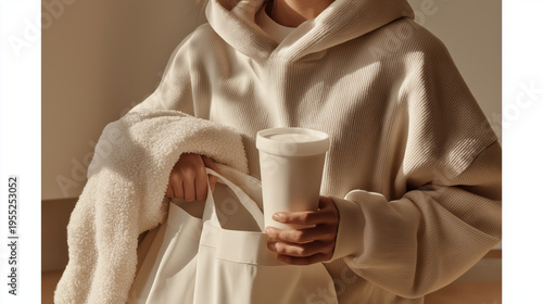 Asian Person Wearing Beige Hoodie Placing A White Coffee Cup Into A Canvas Bag
