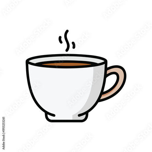 A white coffee cup with brown liquid and wisps of steam rising