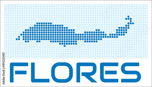 Flores digital style map with blue rounded rectangle dots. Indonesia. Dotted shape of the island. Flores blue colored map and title on white background. Creative Vector Illustration.