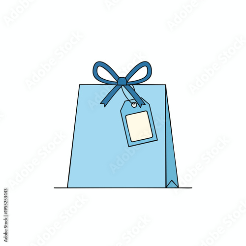 A simple cartoon of a light blue gift bag with a blue bow and gift tag