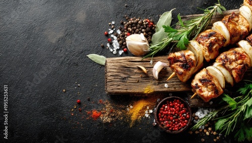 Grilled chicken kebabs with herbs and spices on dark rustic surface, food photography