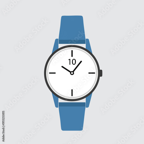 Minimalist wrist watch with blue strap and white face showing 10 o'clock