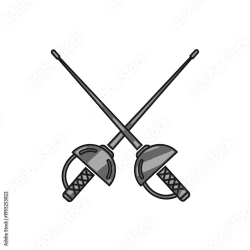 Two crossed fencing epees or foils on white