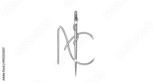 Threaded sewing needle woven into an abstract design icon