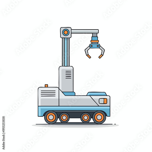 A simple flat illustration of a wheeled robotic arm with a claw