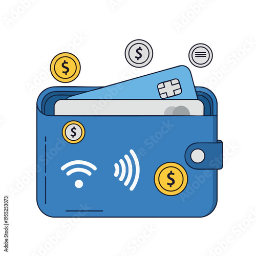 Blue wallet with credit card, coins, and contactless payment symbols