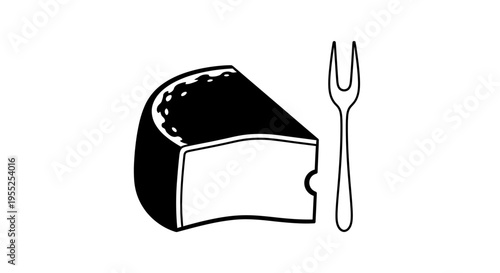 Simple black and white cheese wedge with fork illustration