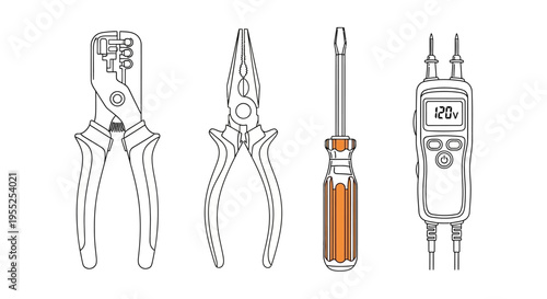 Set of electrical hand tools line art illustration on white
