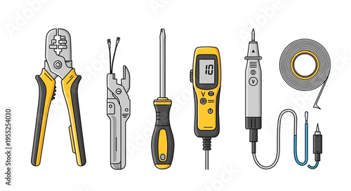 Set of electrician's hand tools and test equipment