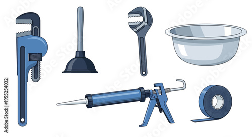 Set of plumbing tools for home repair and maintenance
