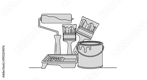 Paint roller, brushes, tray, and can illustration