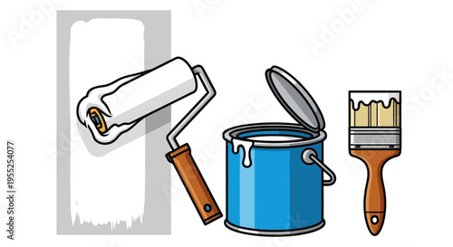Paint roller, open can, brush for renovation work illustration