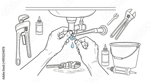 Plumber's hands repairing leaky pipe under sink with tools