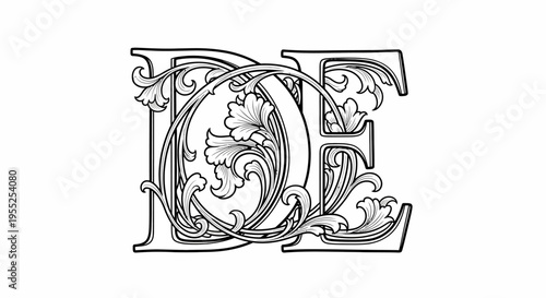 Ornate monogram DE with intricate floral scrollwork illustration
