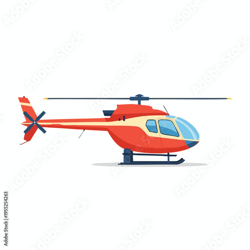 A red and cream colored helicopter with a blue rotor and tail rotor