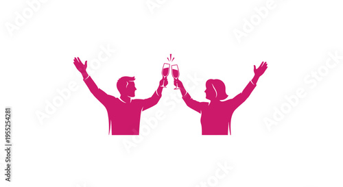 Man and woman celebrating, clinking champagne glasses with arms raised