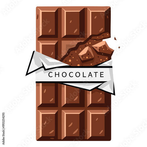 A broken dark chocolate bar with wrapper revealing delectable chunks and crumbs