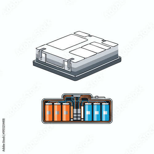 Isometric illustration of a disassembled energy storage unit showing internal components and wiring
