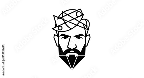 Geometric man head illustration with beard and abstract crown