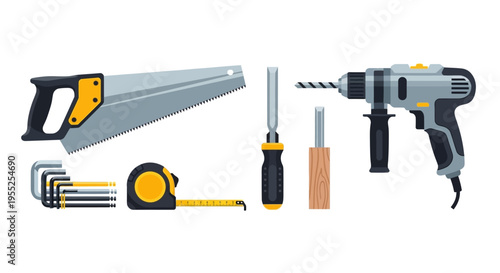 Carpentry and construction tools set including saw drill chisels