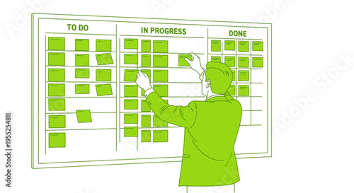 Businessman organizing tasks on a green Kanban project management board