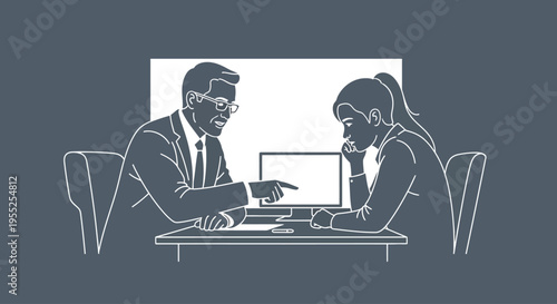 Businessman pointing at computer screen to businesswoman in office
