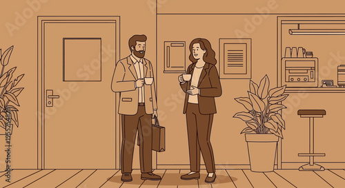 Business colleagues talking and drinking coffee in office breakroom