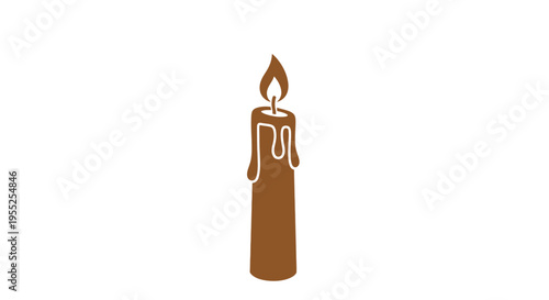 Brown wax candle with flame burning.