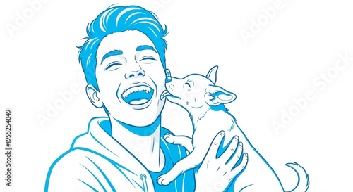 Boy laughing while dog licks his face